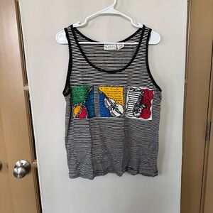 Mix It Womens Large Black‎ White Stripe Vintage Bead Music Instruments Tank Top